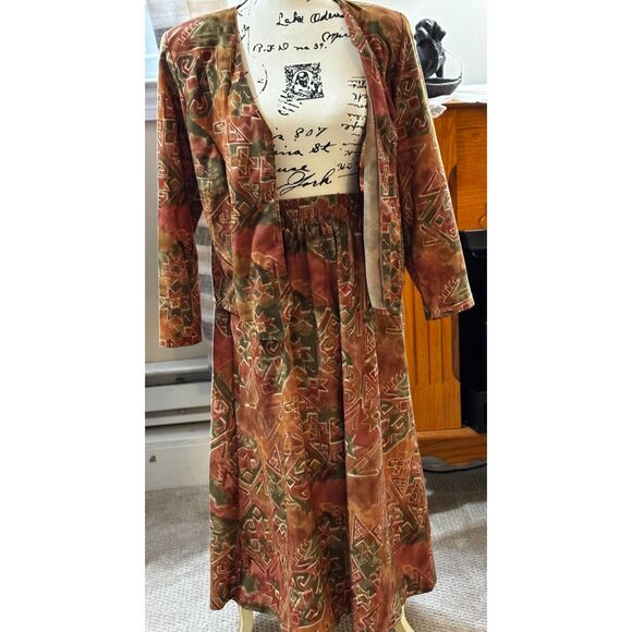Vtg 80's Orange-Brown, Multi Color Geometric Print 2 Pc Top n Skirt Set Size 14 - Picture 3 of 6